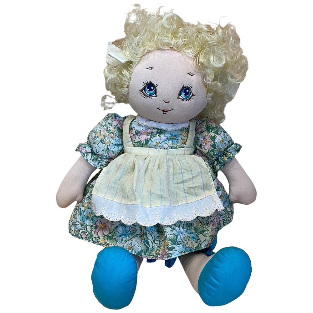 Vintage Commonwealth Cloth Rag Doll Blonde Curly Hair Blue Embroidered Eyes 15"